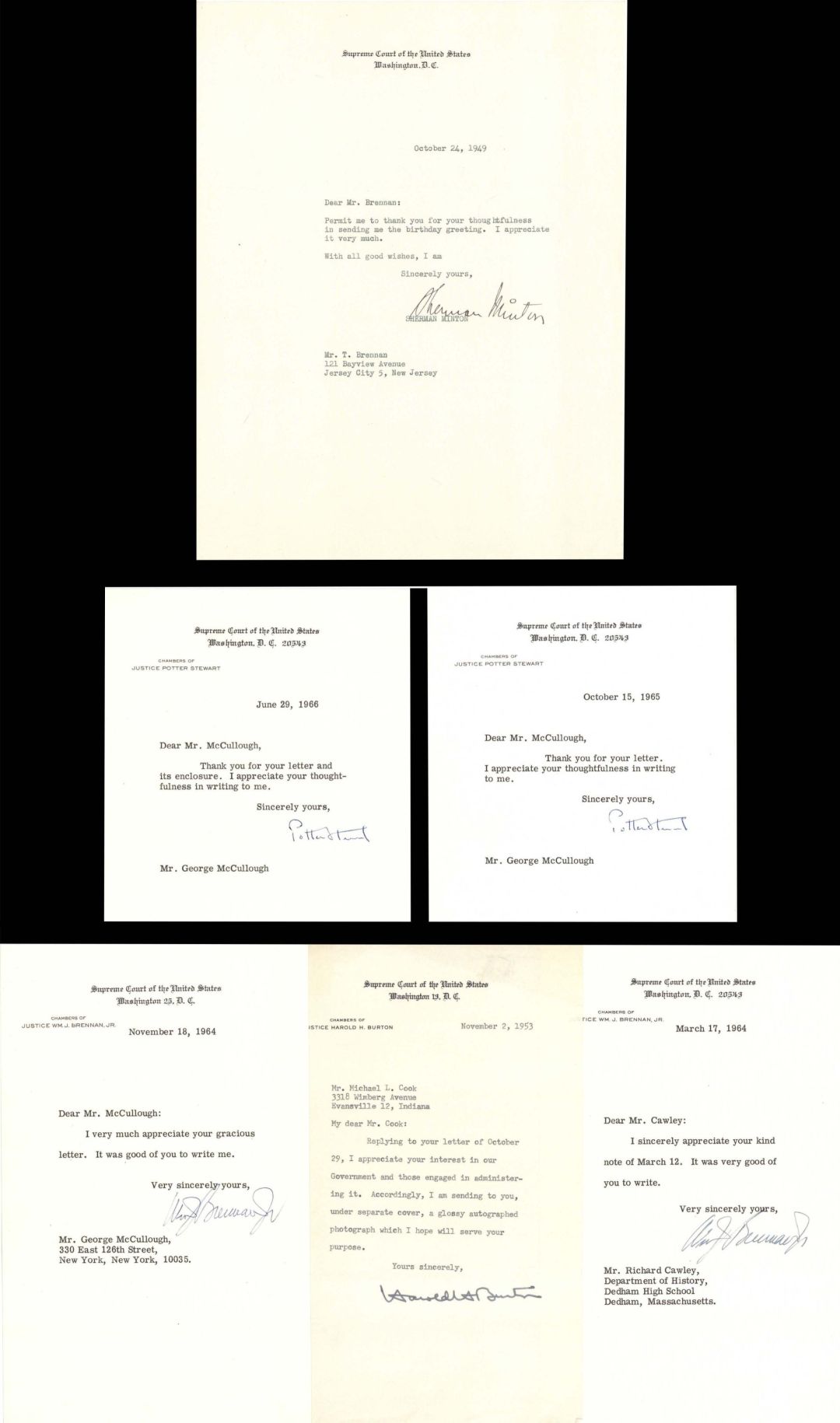 6 Letters signed by Supreme Court Justices - 1940's-1960's dated Autograph
