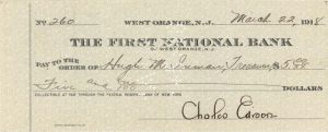 First National Bank Check signed by Charles Edison - 1918 dated Autograph Check