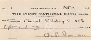 First National Bank Check Signed by Charles Edison - 1915 dated Autograph Check