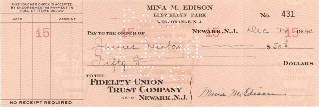 Fidelity Union Trust Co. Check Signed by Mina M. Edison - 1940 dated Autograph Check