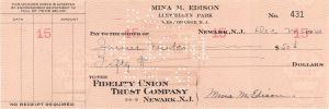 Fidelity Union Trust Co. Check Signed by Mina M. Edison - 1940 dated Autograph Check