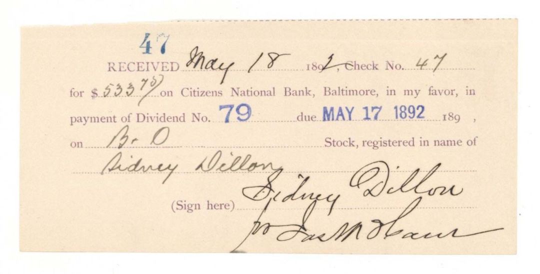 Receipt of Dividend payment signed for Sidney Dillon - 1892 dated Autograph