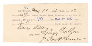 Receipt of Dividend payment signed for Sidney Dillon - 1892 dated Autograph