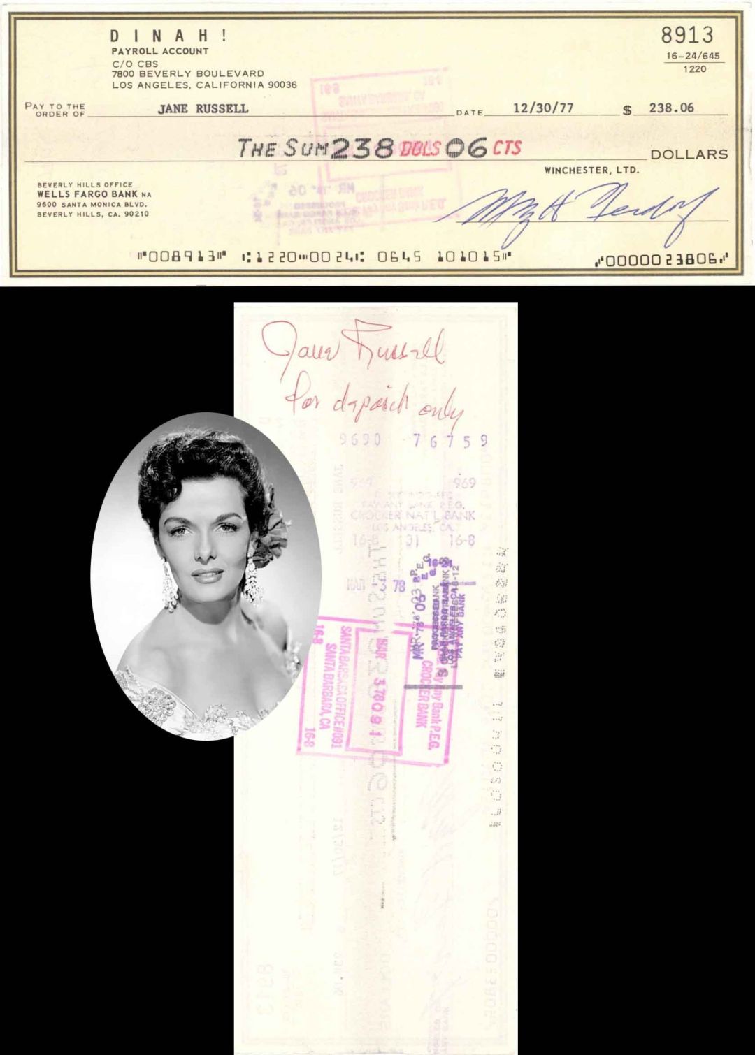 Dinah! Check endorsed by Jane Russell - 1977 dated Autograph