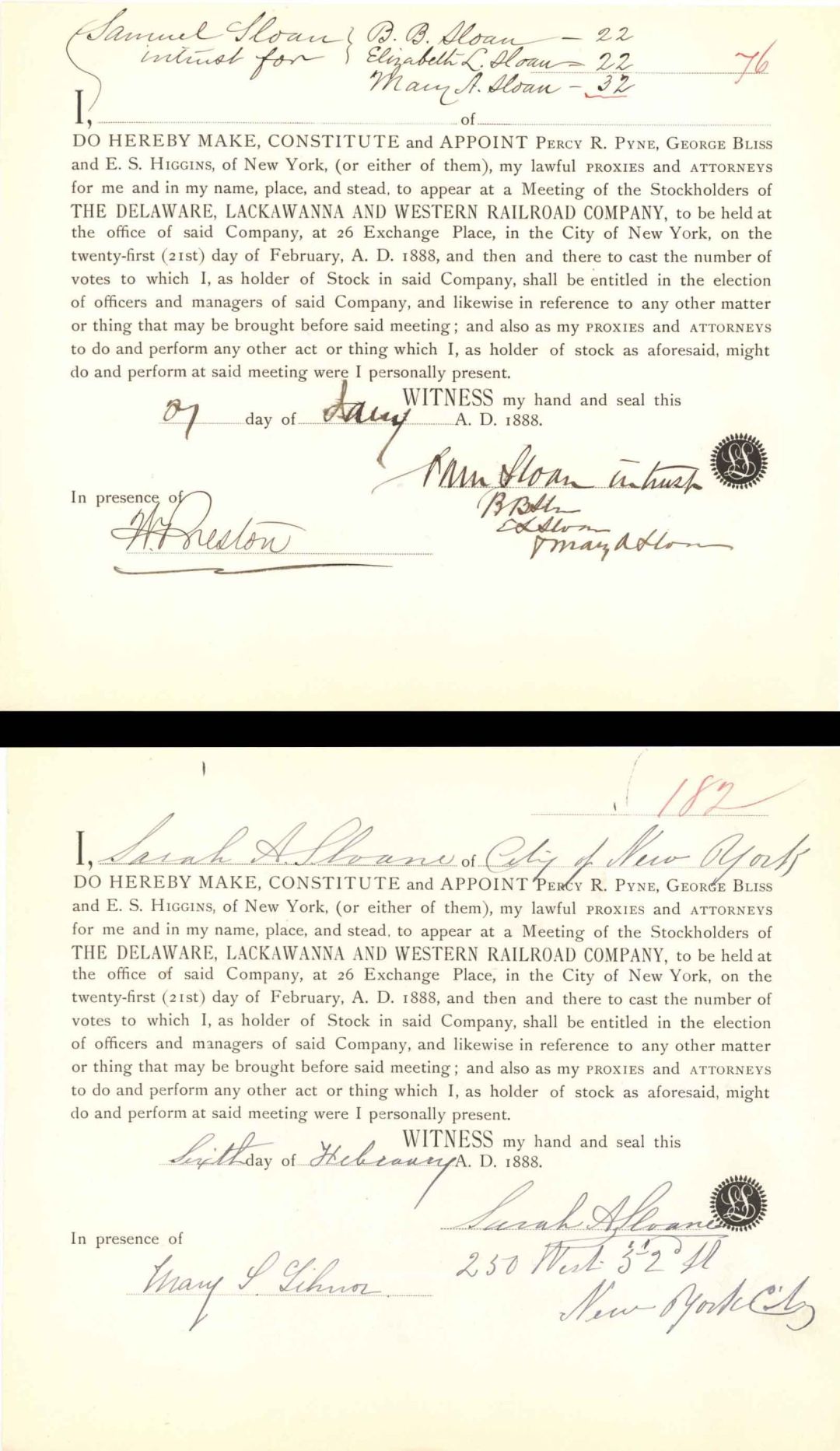 Pair of Appointments signed by Samuel and Sarah Sloan - 1888 dated Autographs