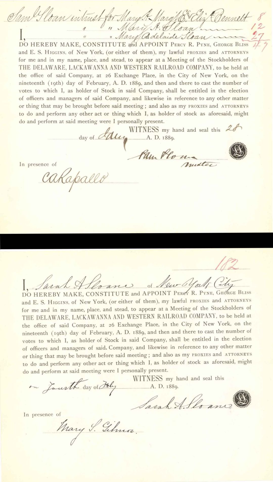 Pair of Appointments signed by Samuel and Sarah Sloan - 1889 dated Autographs