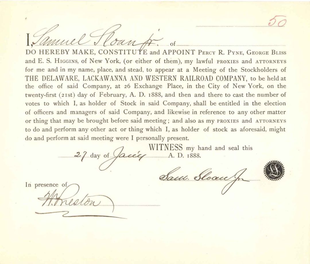 Appointment signed by Samuel Sloan Jr. - 1888 dated Autographs