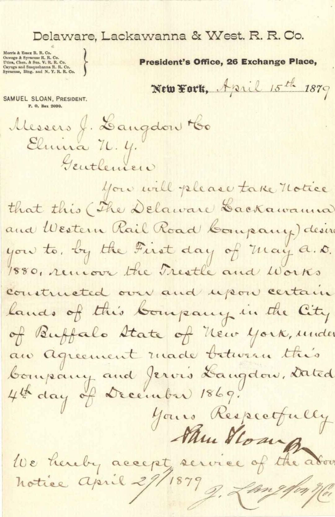 Delaware, Lackawanna and Western Railroad Co. Letter signed by Sam Sloan - 1879 dated Autograph
