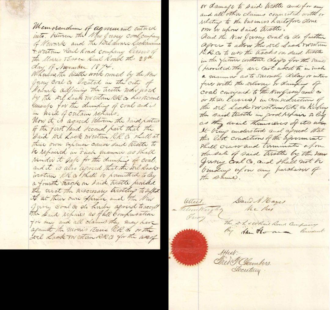 Agreement signed by Sam Sloan - 1874 dated Autograph