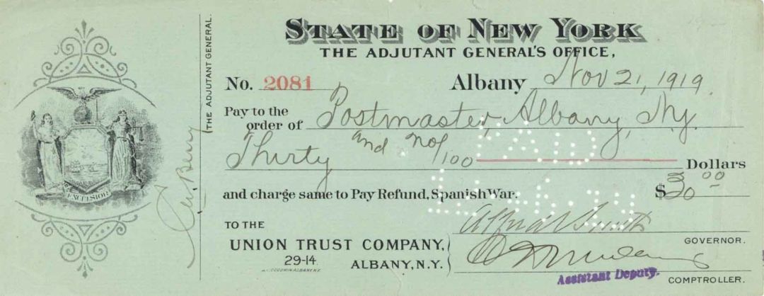 State of New York City Check signed by Alfred Smith - 1919 dated Check