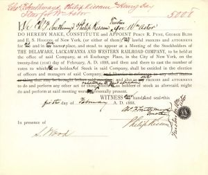 Delaware, Lackawanna and Western Railroad Co. signed by Chs. F. Southmayd for William B. Astor - 1888 dated Autographed Stocks and Bonds