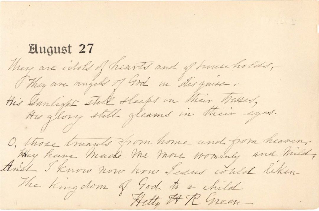 Quote by Charles Dickinson copied and signed by Hetty H R Green - August 27 dated Autograph