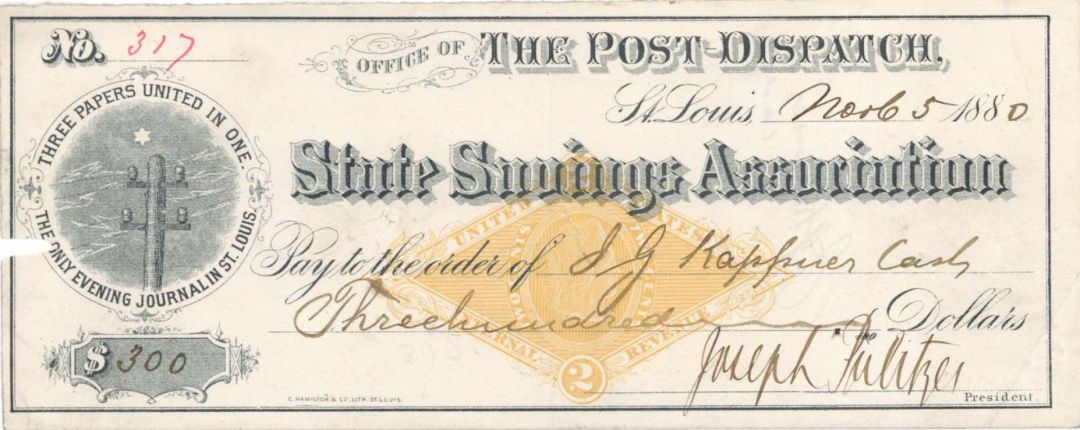 Check signed by Joseph Pulitzer - 1880 dated Autograph