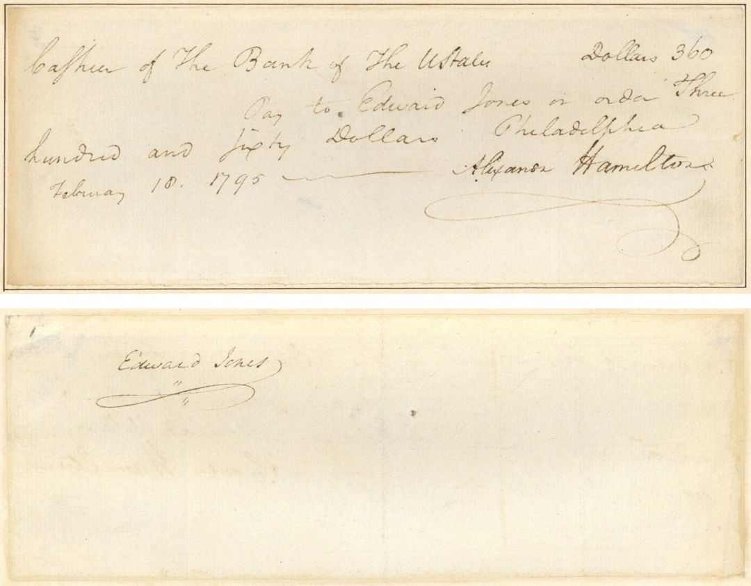 Matted Check signed by Alexander Hamilton - 1795 dated Autograph Check