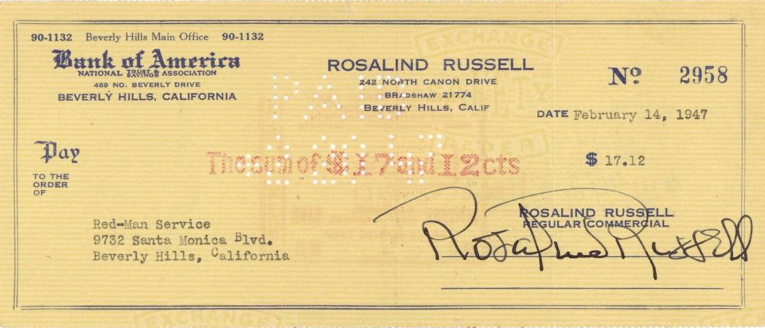 Bank of America Check signed by Rosalind Russell - 1947 dated Autographs