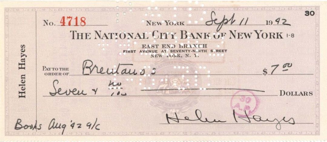 National City Bank of New York Check signed by Helen Hayes - 1942 dated Autographs