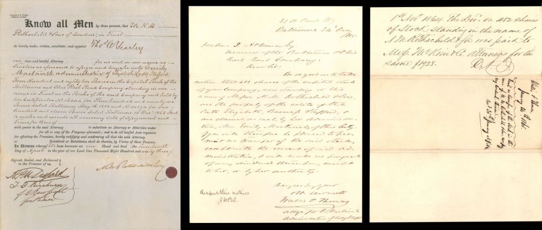 Letter and Document Issued to N. M. Rothschild and Sons - 1863 and 1865 dated Autographs