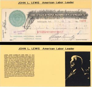 United Mine Workers of America Check Issued to and Signed by John L. Lewis -  1930-1941 dated Autographed Check
