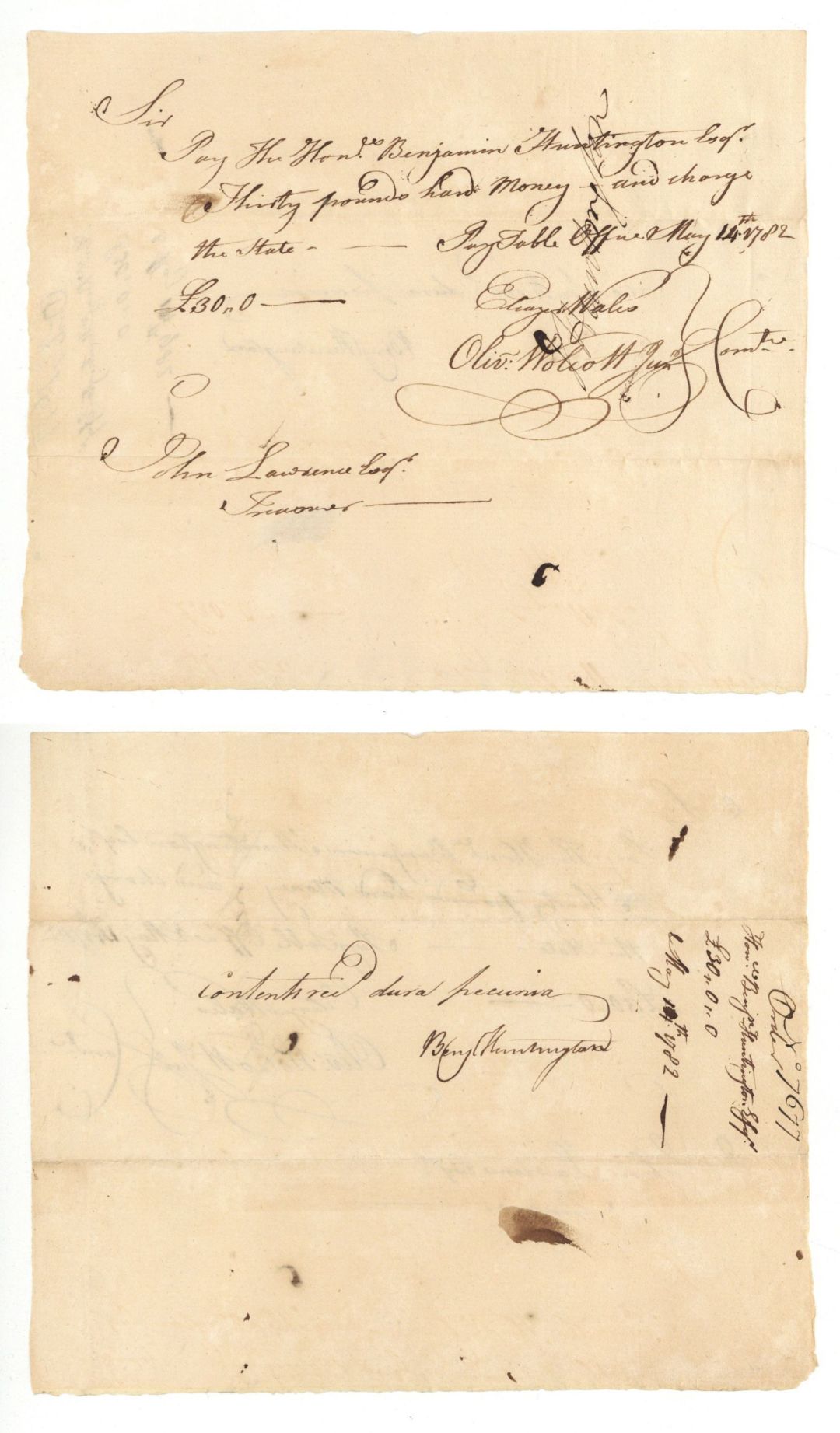 Pay Order signed by Benjamin Huntington, Oliver Wolcott, Jr. and Jed Huntington - 1782 Dated Autograph