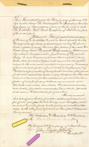 Contract signed by John Taylor Johnston and Sam Sloan - 1873 dated Autograph