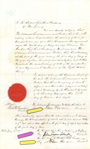 Contract signed by John Taylor Johnston and Sam Sloan - 1874 dated Autograph