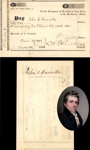 City of New York Pay Order Issued to and signed by John C. Hamilton - 1828 dated Pay Order