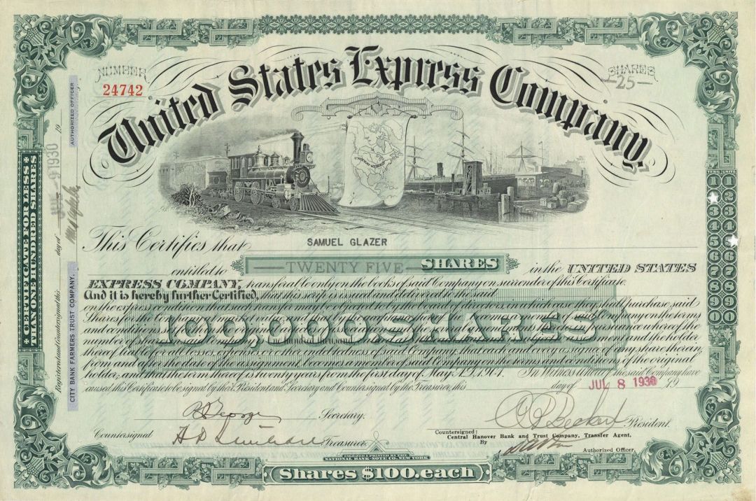 United States Express Co. - 1930 dated New York Express Stock Certificate