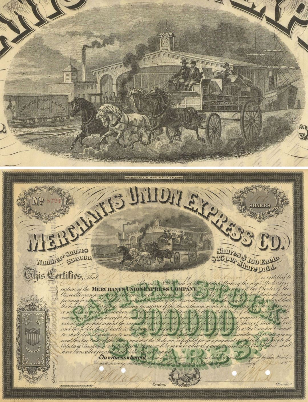 Merchants Union Express Co. - 1860's dated Gorgeous Express Stock Certificate