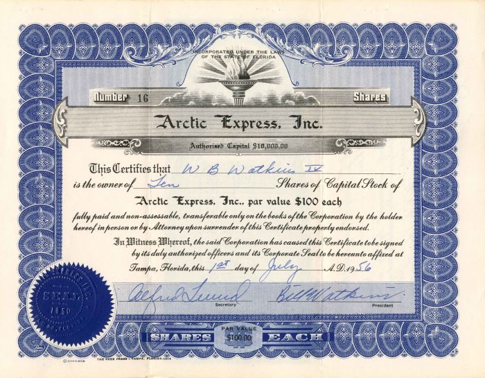 Arctic Express, Inc. - Stock Certificate