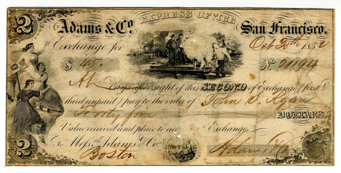 Adams and Co. Express Office of San Francisco - 1852 dated Check