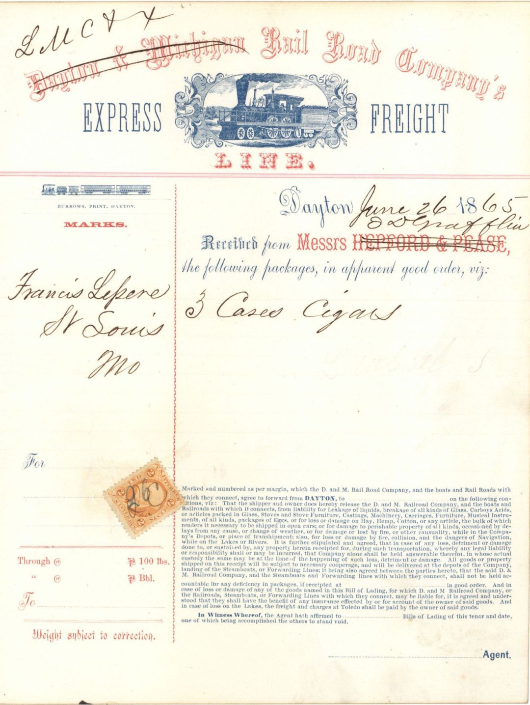 Dayton and Michigan Rail Road Express Freight Line - 1865 Express Document