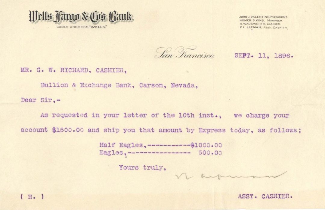 Wells Fargo and Co's Bank - 1896 dated Express Document