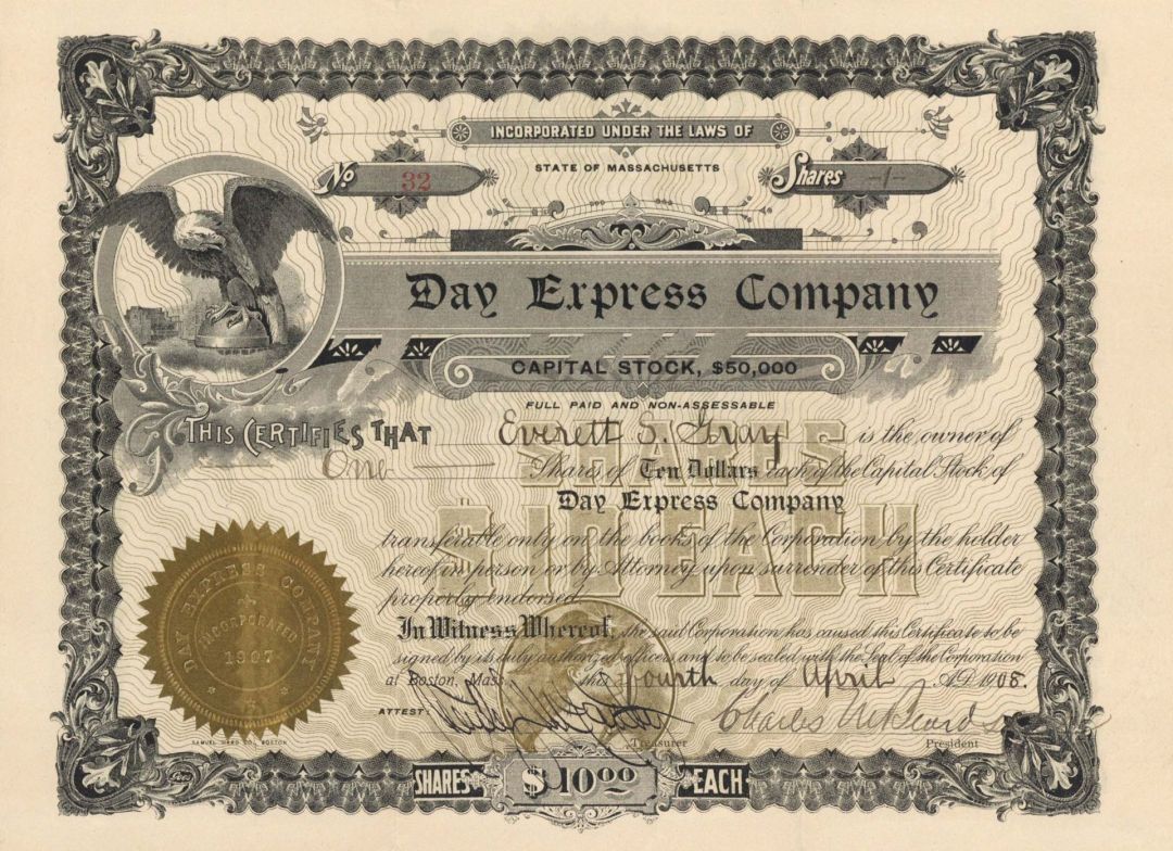 Day Express Co. - 1908 dated Stock Certificate