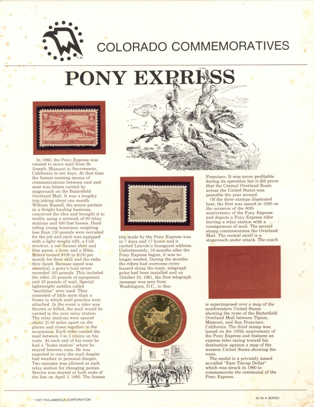 Pony Express Colorado Commemoratives - 1860-1960 Express 