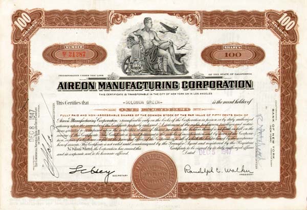 Aireon Manufacturing Corporation - Stock Certificate