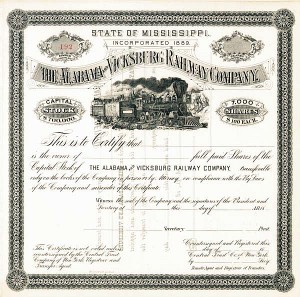 Alabama and Vicksburg Railway - Stock Certificate