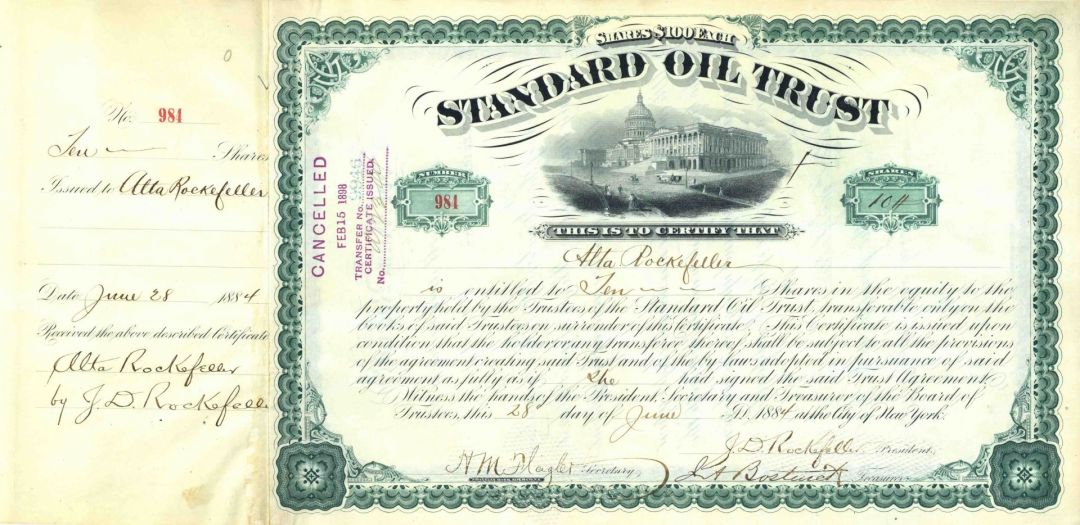 Standard Oil Trust Issued and Signed to Alta Rockefeller - Ultra Rare if not Unique - Autgraph Stock Certificate