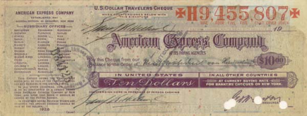Paul Von Hindenburg signs this American Express Travelers Check