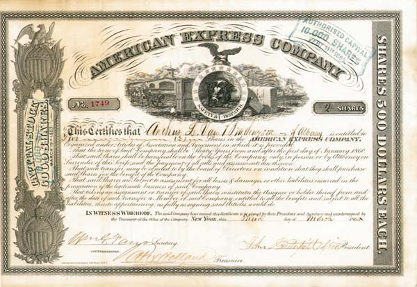 John Butterfield and William G. Fargo - American Express Co. - Stock Certificate (Uncanceled)