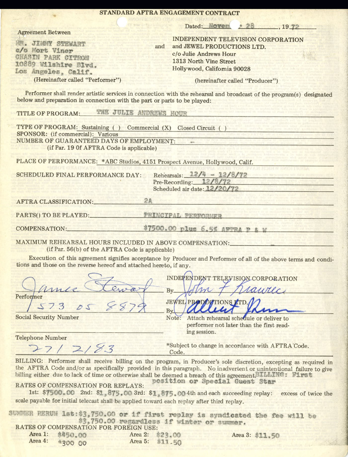 Jimmy Stewart Signed Contract- "Julie Andrews Hour"