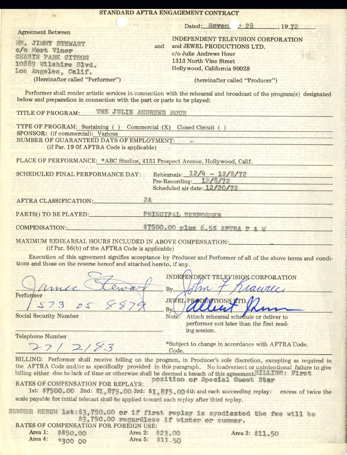 Jimmy Stewart Signed Contract- Julie Andrews Hour