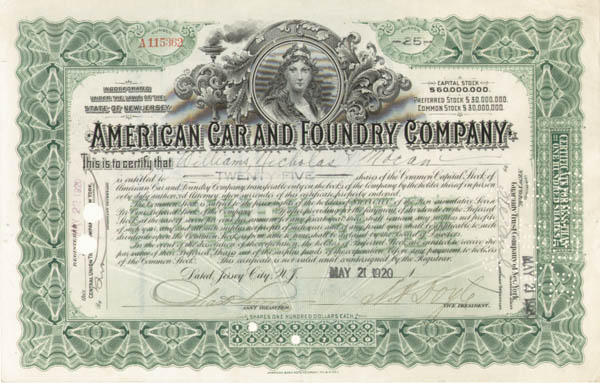 American Car and Foundry (Railroad) - 1920's dated New Jersey Railway Car Stock Certificate