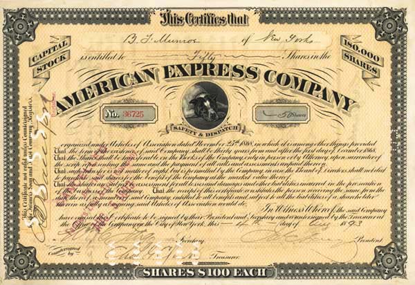 James C. Fargo and William C. Fargo - American Express Co - Unique - Stock Certificate