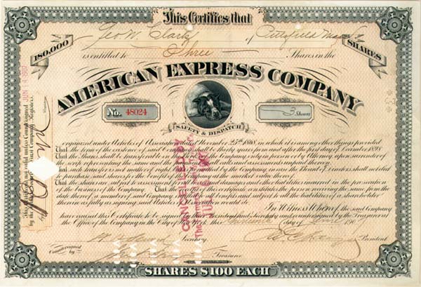 James C. Fargo, James F. Fargo, and William H. Seward, Jr. - American Express Co. - Stock Certificate