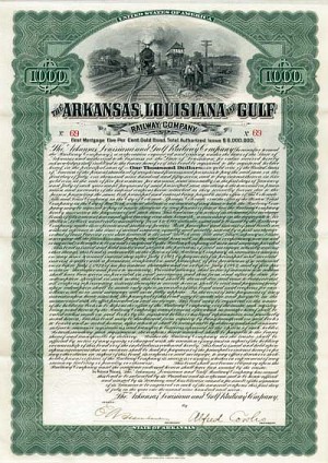 Arkansas, Louisiana and Gulf Railway - $1,000 Gold Bond (Uncanceled)