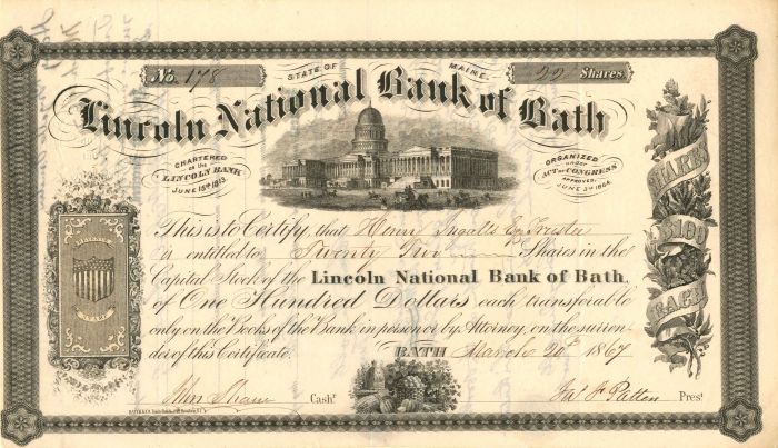Lincoln National Bank of Bath - Stock Certificate