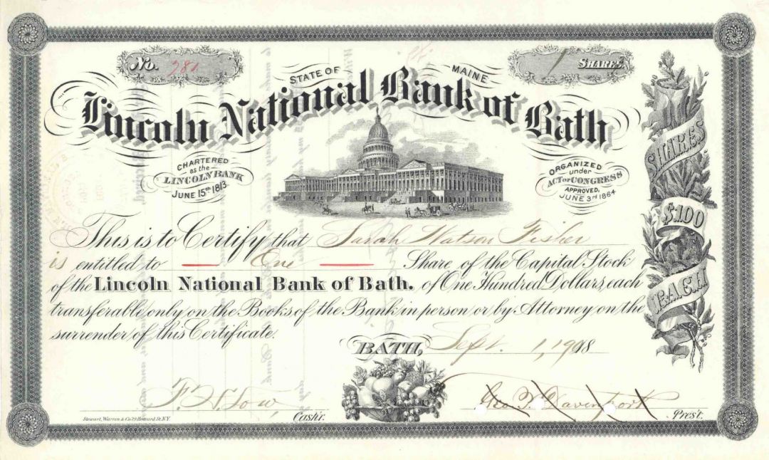 Lincoln National Bank of Bath, Maine - Banking Stock Certificate