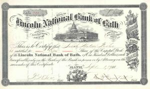 Lincoln National Bank of Bath, Maine - Banking Stock Certificate