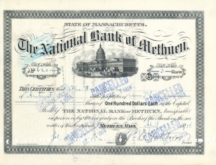 National Bank of Methuen - Stock Certificate