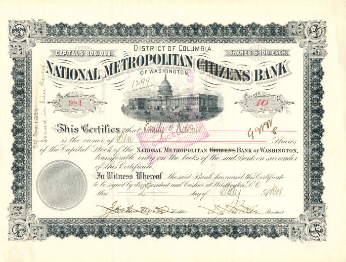 National Metropolitan Citizens Bank of Washington - Stock Certificate